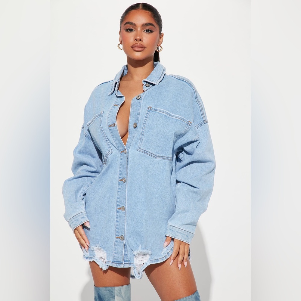 Oversized light wash denim distressed jacket